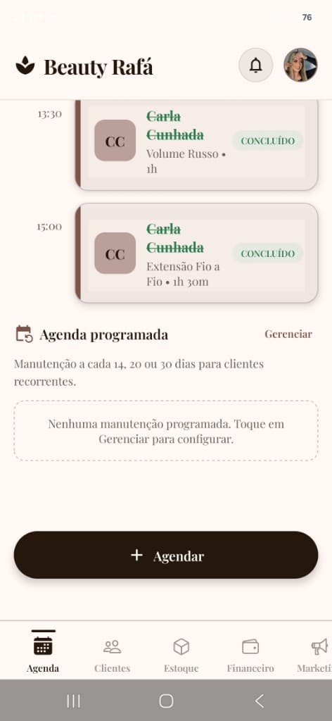Agenda do dia no Lash Pro Agend